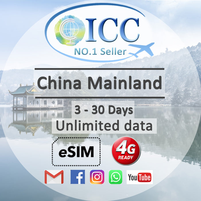 ICC eSIM - China Mainland, Macau, HK/Taiwan 3-30 Days Unlimited Data-China Unicom Network (24/7 auto deliver eSIM )
