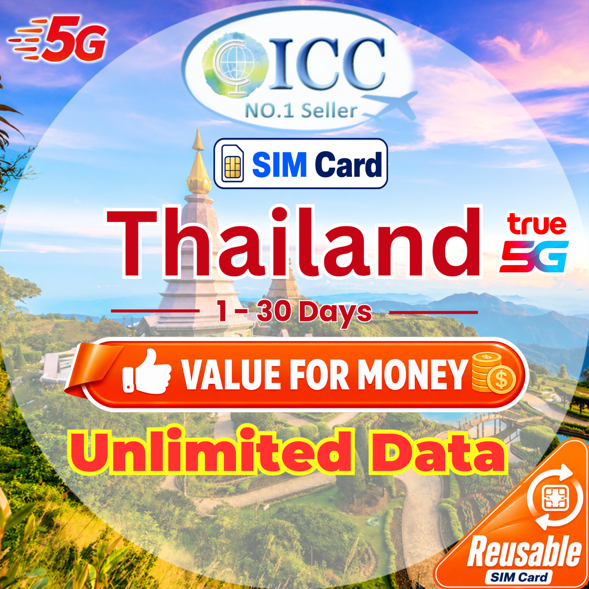 ICC SIM Card - Thailand 1-30 Days Unlimited Data (Can top up reuse)- Truemove network