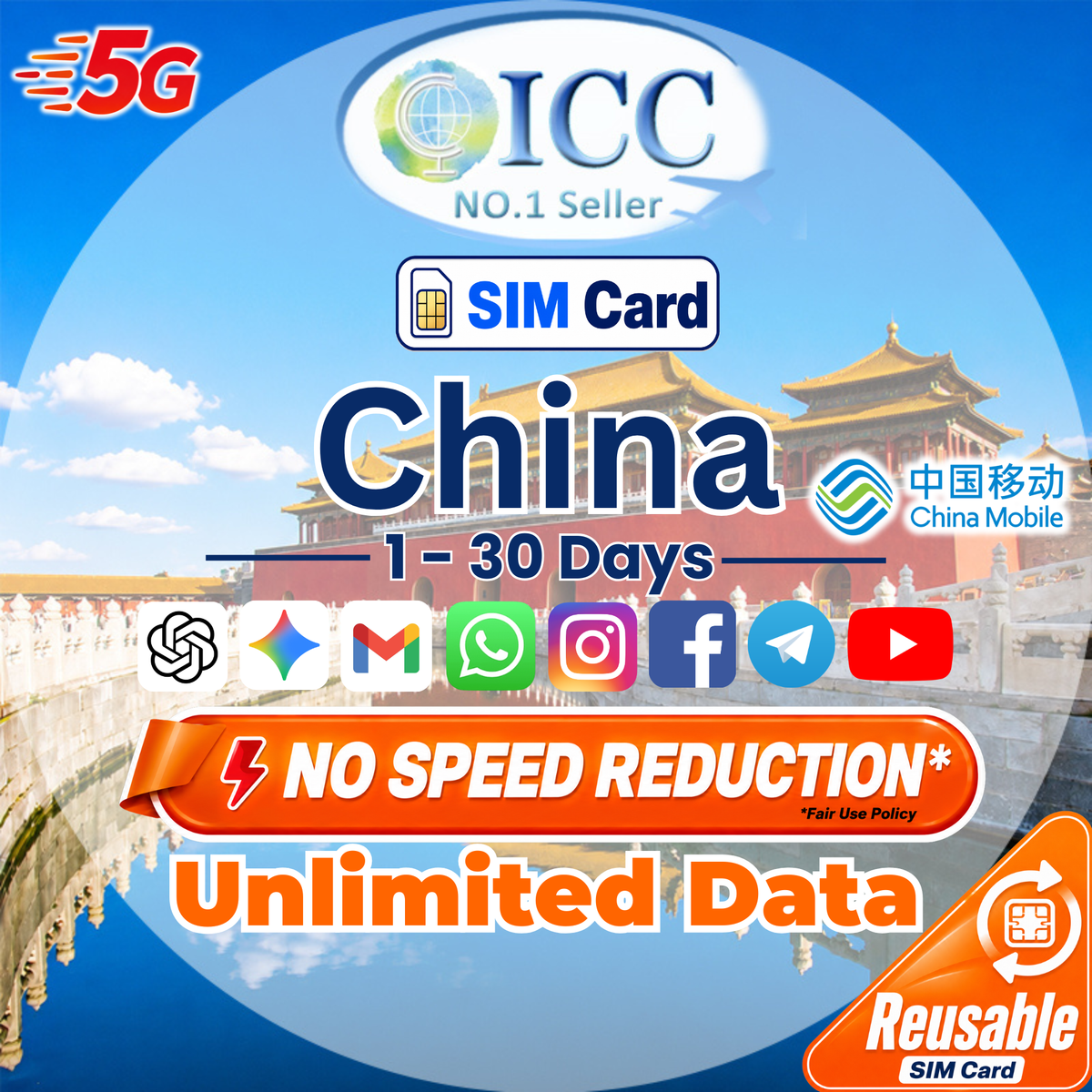 ICC SIM Card - China Mainland 1-30 Days Unlimited Data - China Mobile/ Can top up reuse