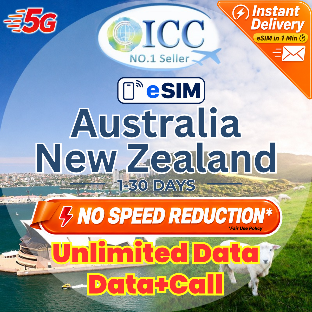 ICC eSIM - Australia & New Zealand 1-30 Day Data│Unlimited Data│Data+Call