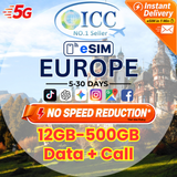 ICC eSIM - Europe EU-C 5-90 Days 12GB/20GB/50GB/100GB/200GB/500GB Data Only│Data + Call│Best coverage│Can use tiktok