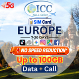ICC SIM Card - Europe EU-C 7-30 Days 20GB/50GB/100GB 5G/4G Data + Local Call + Int'l Call┃Best Coverage