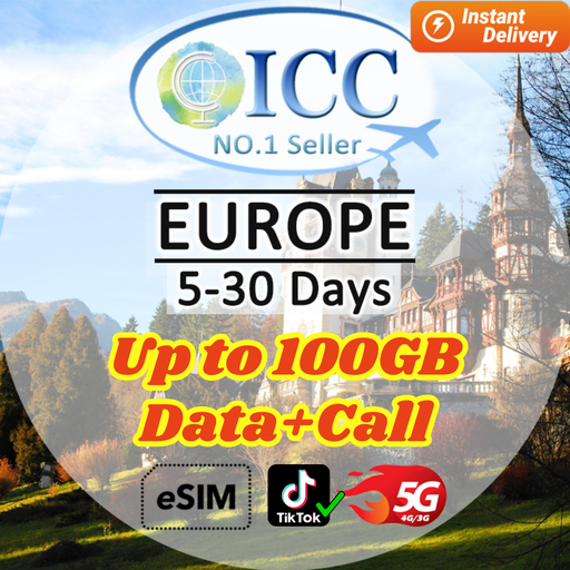 ICC eSIM - Europe EU-C 7-30 Days 20GB/50GB/100GB Data Only│Data + Call│Best coverage│Can use tiktok