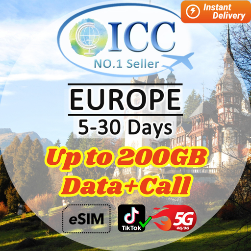 ICC eSIM - Europe EU-C 5-30 Days 20GB/50GB/100GB/200GB Data Only│Data + Call│Best coverage│Can use tiktok