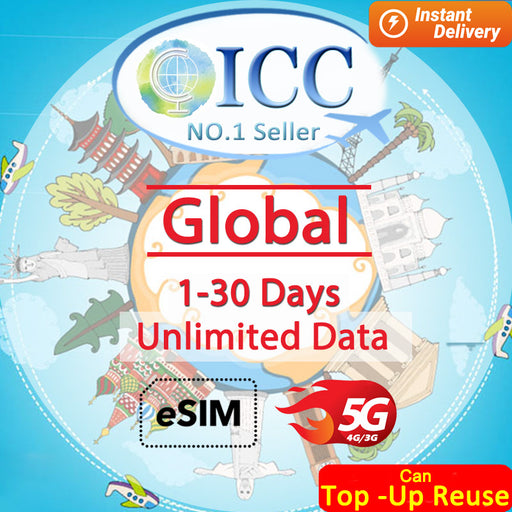 ICC eSIM - Global 1-30 Days Unlimited Data (24/7 auto deliver eSIM)