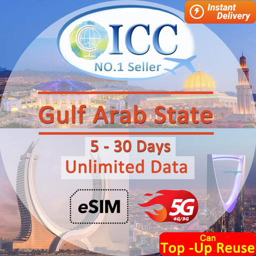 ICC eSIM - Gulf Arab State GCC(Kuwait,Qatar,Oman,Saudi Arabia) 5-30 Days Unlimited Data SIM( 24/7 auto deliver eSIM )