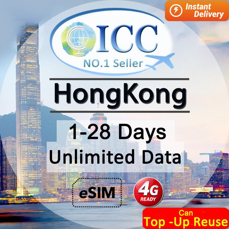ICC eSIM - HongKong (HK) 1-28 Days Unlimited Data |Can top up reuse