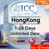 ICC eSIM - HongKong (HK) 1-28 Days Unlimited Data |Can top up reuse