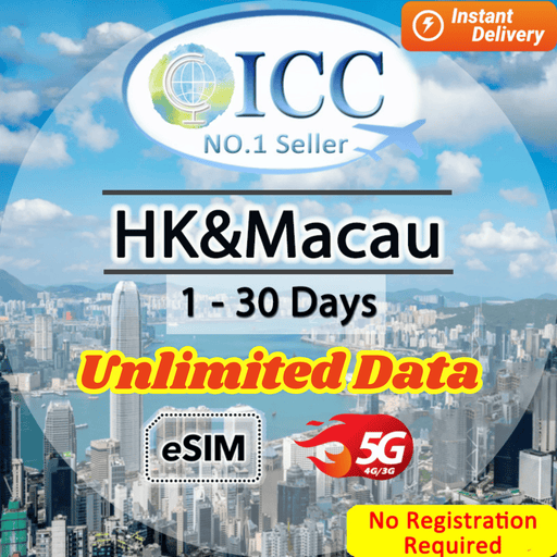 ICC eSIM - HK & Macau 1-30 Days Unlimited Data *No Registration Required* (24/7 auto deliver eSIM)