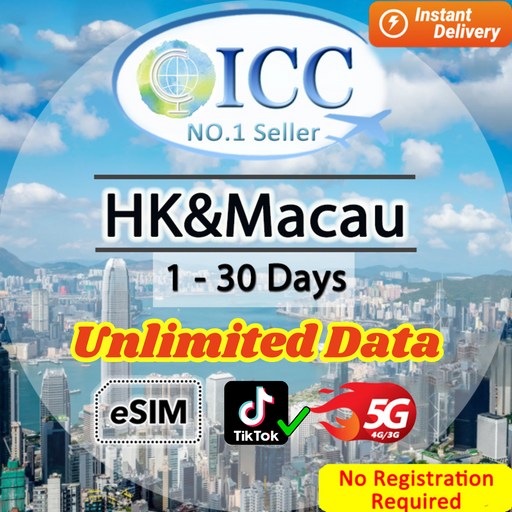 ICC eSIM - HK & Macau 1-30 Days Unlimited Data *No Registration Required* (24/7 auto deliver eSIM )-Can use Tiktok