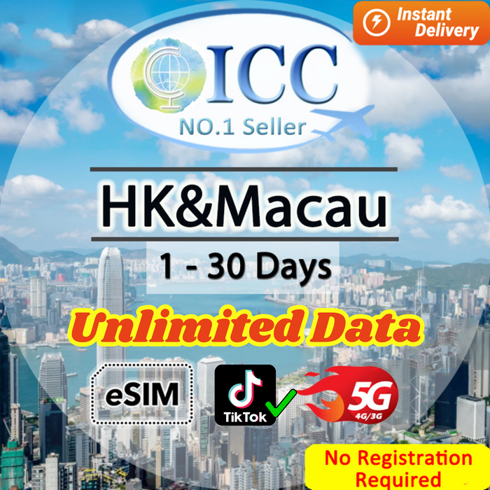 ICC eSIM - HK & Macau 1-30 Days Unlimited Data *No Registration Required* (24/7 auto deliver eSIM )-Can use Tiktok