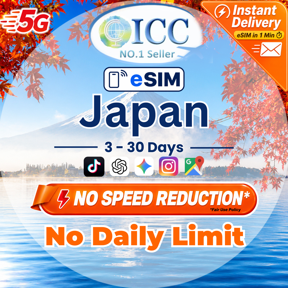 ICC eSIM - Japan 3-30 Days Unlimited Data (IIJ-Docomo Network)