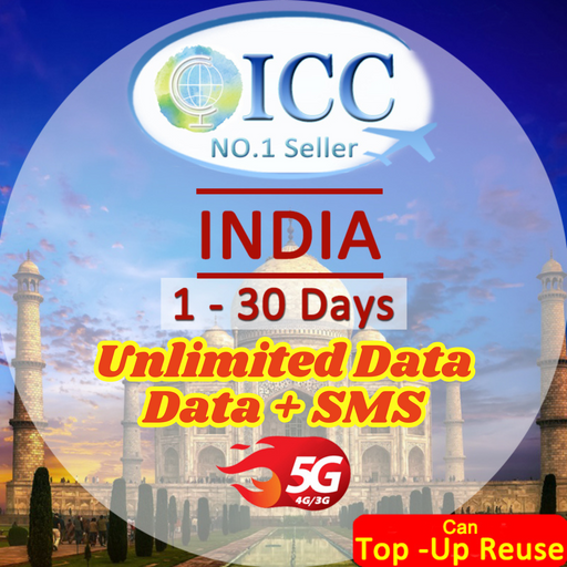 ICC SIM Card - India 1-30 Days Unlimited Data| Data+SMS |Data only plan Can Top Up Reuse