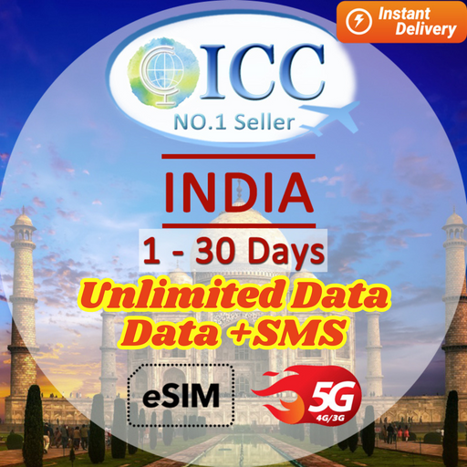ICC eSIM - India 1-30 Days Data+SMS support Tiktok/ Unlimited Data SIM/Data only plan can top up reuse