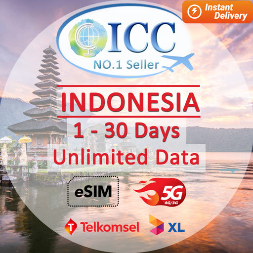 ICC eSIM - Indonesia 1-30 Days Unlimited Data (XL axiata/Telkomsel) (24/7 auto deliver eSIM )