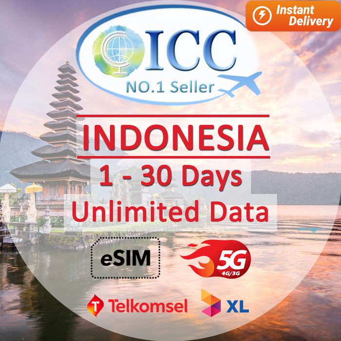 ICC eSIM - Indonesia 1-30 Days Unlimited Data (XL axiata/Telkomsel) (24/7 auto deliver eSIM )
