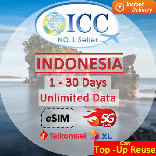ICC eSIM - Indonesia 1-30 Days Unlimited Data (Indosat/XL/Telkomsel) [Can top up and reuse] (24/7 auto deliver eSIM )