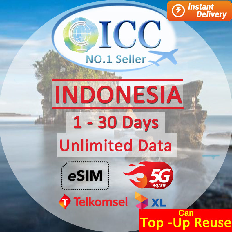 ICC eSIM - Indonesia 1-30 Days Unlimited Data (Indosat/XL/Telkomsel) [Can top up and reuse] (24/7 auto deliver eSIM )