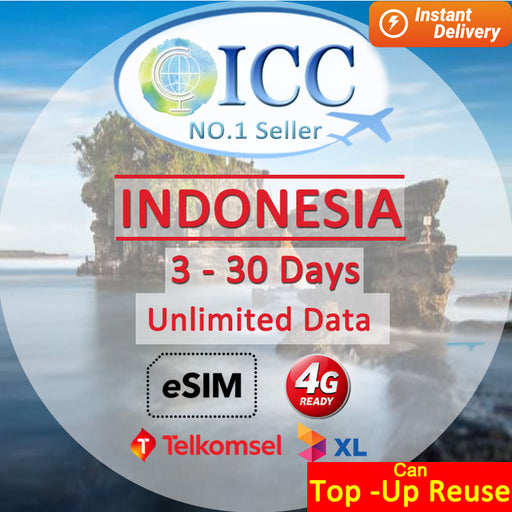 ICC eSIM - Indonesia 3-30 Days Unlimited Data (Indosat/Telkomsel) [Can top up and reuse] (24/7 auto deliver eSIM )