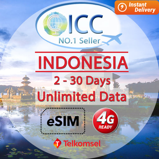 ICC eSIM - Indonesia 2-30 Days Unlimited Data (Telkomsel Network) (24/7 auto deliver eSIM )