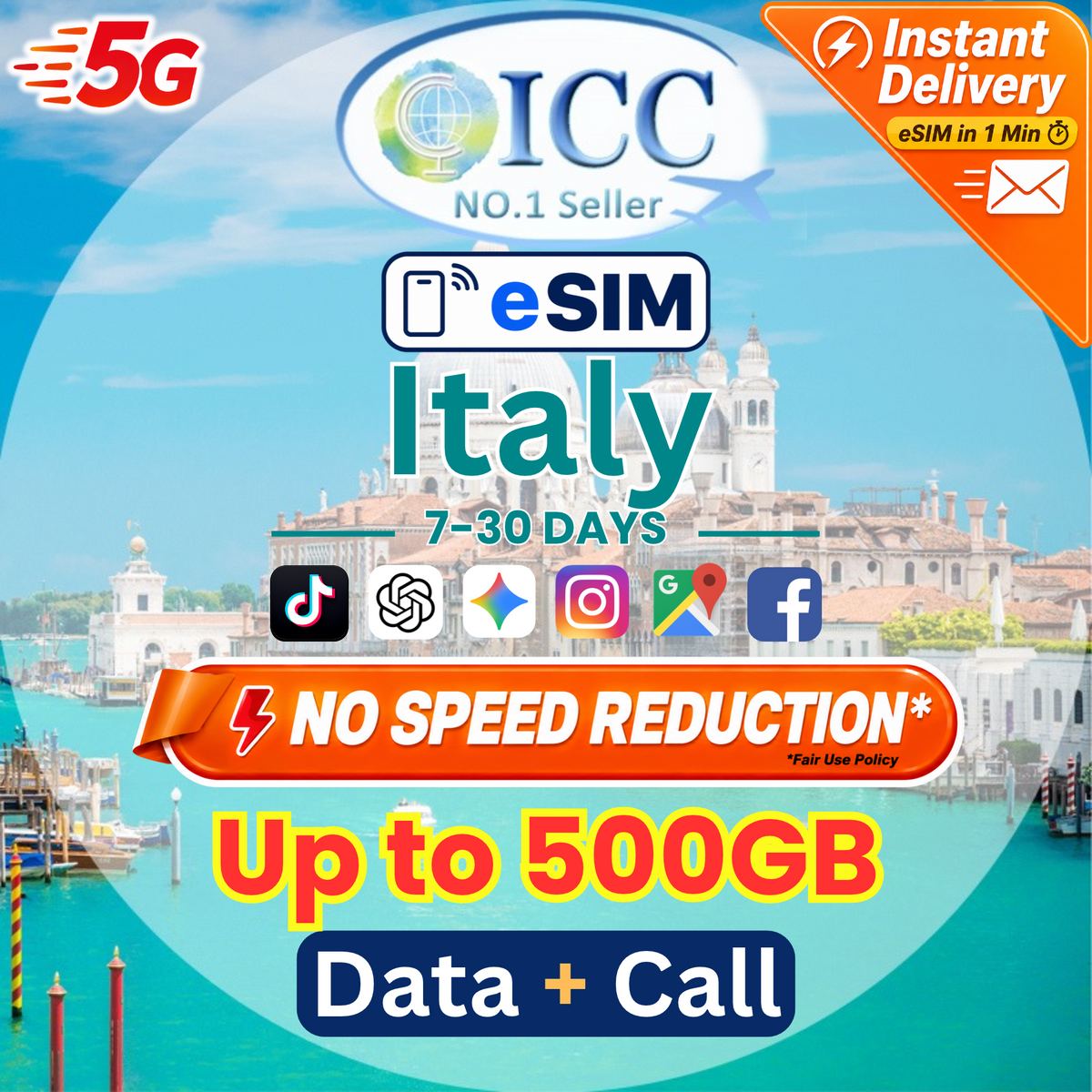 ICC eSIM - Italy 7-30 Days 20GB/50GB/100GB/200GB Data + Call