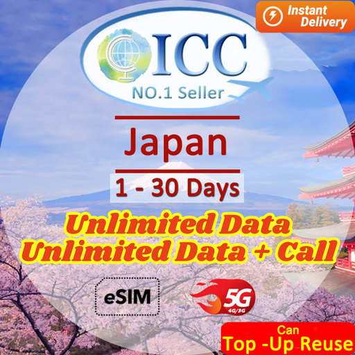 ICC eSIM - Japan 1-30 Days Unlimited Data| Unlimited Data+Call (Softbank/KDDI)| Can top up and reuse
