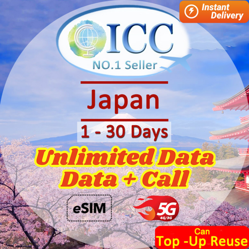 ICC eSIM - Japan 1-30 Days Data eSIM| Data+Call | Unlimited Data | Softbank/KDDI| Daily Plan Can top up and reuse