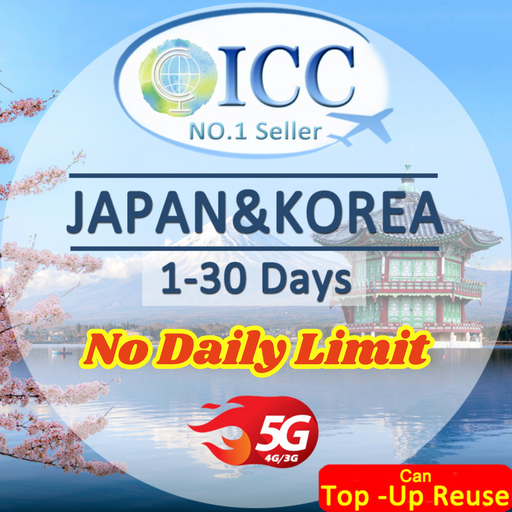 ICC SIM Card - Japan & Korea 3-30 Days Unlimited Data| Total Data| No Daily Limit| Calendar Days package| Can Top up reuse