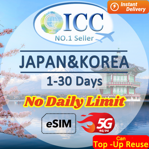 ICC eSIM - Japan & Korea 1-30 Days Unlimited Data|Total Data| No Daily Limit| Calendar Days Package| Can top up reuse