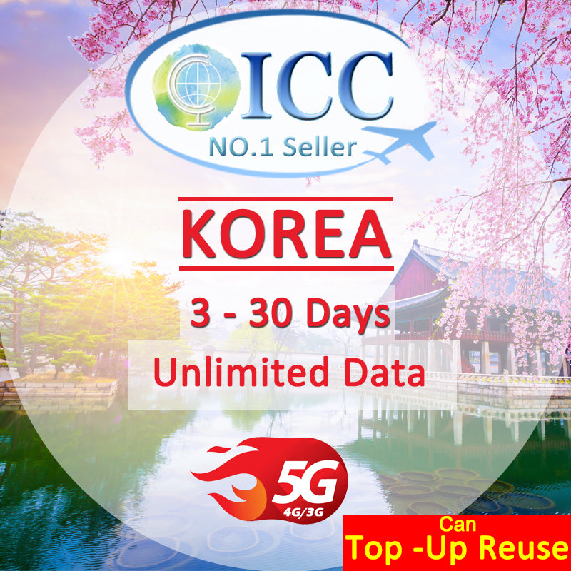 ICC SIM Card -  Korea 3-30 Days Unlimited Data SIM- Can top up reuse