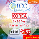 ICC eSIM - Korea 1-30 Days Unlimited Data-Can top up and reuse