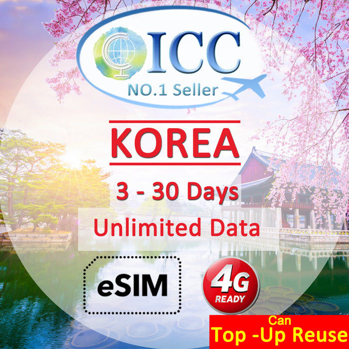 ICC eSIM - Korea 3-30 Days Unlimited Data-Can top up and reuse (24/7 auto deliver eSIM )