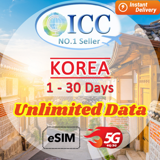 ICC eSIM - Korea 1-30 Days Unlimited Data| Unlimited 5G/4G Data| SKT Telecom/LGU+ Network