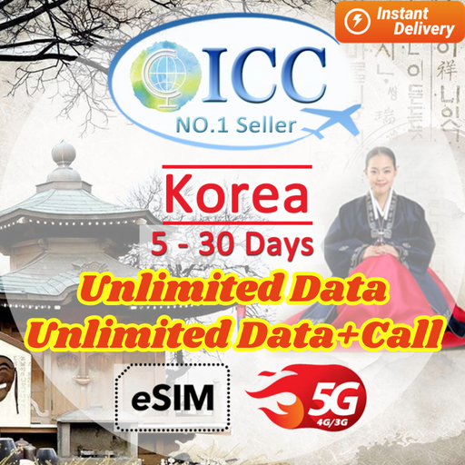 ICC eSIM - Korea 5-30 Day Unlimited Data + Call* - SKT Telecom/KT