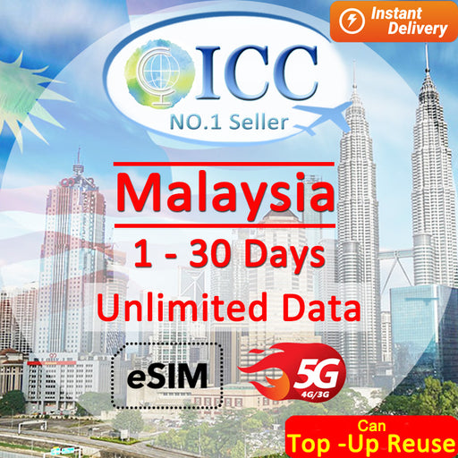 ICC eSIM - Malaysia 1-30 Days Unlimited Data (24/7 auto deliver eSIM )