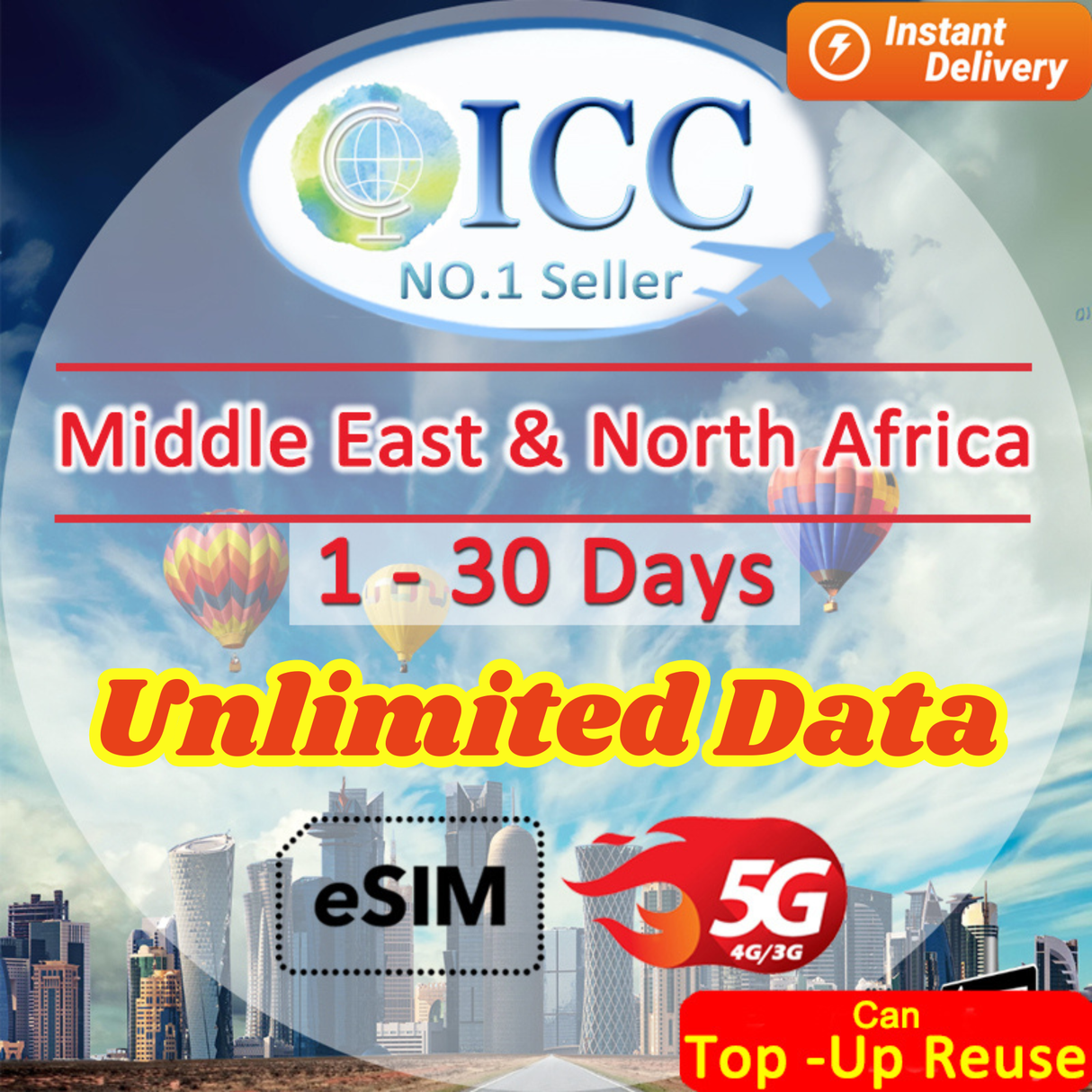 ICC eSIM - Middle East and North Africa (MENA) 1-30 Days Unlimited Data丨Bahrain, Egypt, Israel, Jordan, Kuwait, Morocco, Qatar, Saudi Arabia, Tunisia, Turkey, and UAE