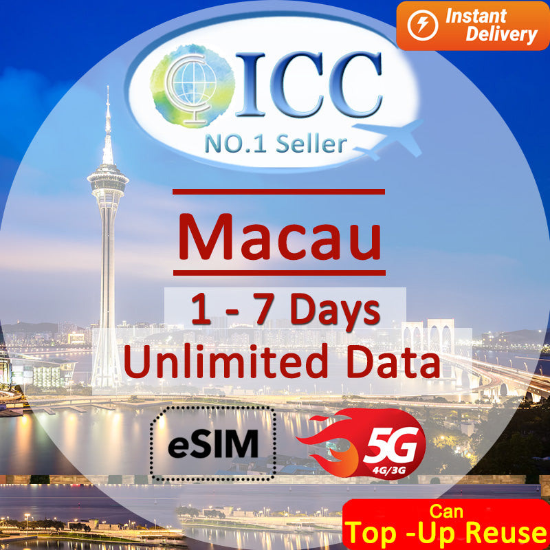 ICC eSIM - Macau 1-7 Days Unlimited Data (24/7 auto deliver eSIM )