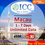 ICC eSIM - Macau 1-7 Days Unlimited Data (24/7 auto deliver eSIM )