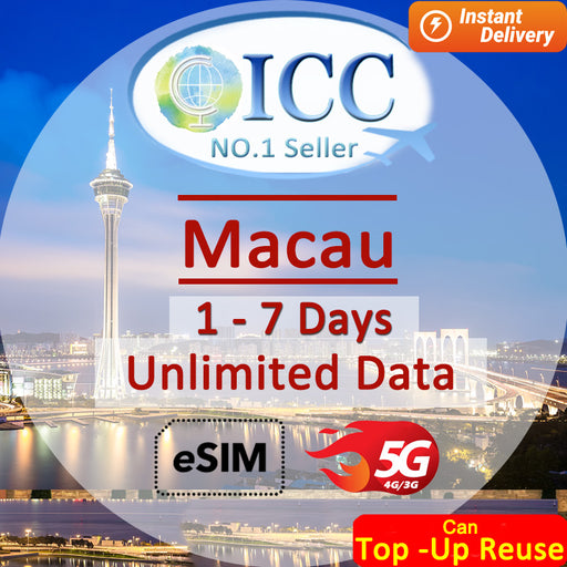 ICC eSIM - Macau 1-7 Days Unlimited Data (24/7 auto deliver eSIM )