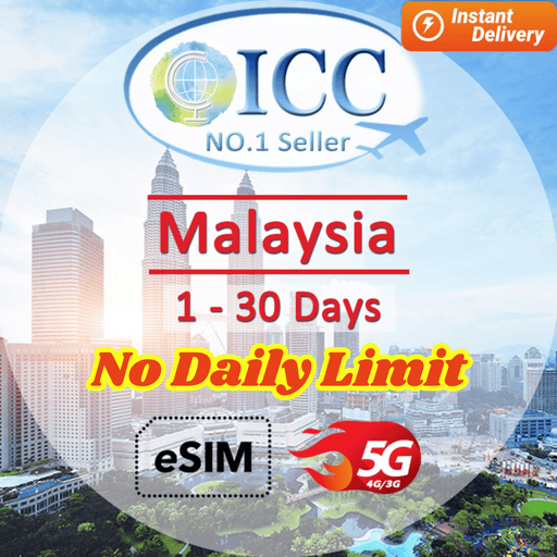 ICC eSIM - Malaysia 1-30 Days Unlimited 5G/4G Data (24/7 auto deliver eSIM ) No Daily limit