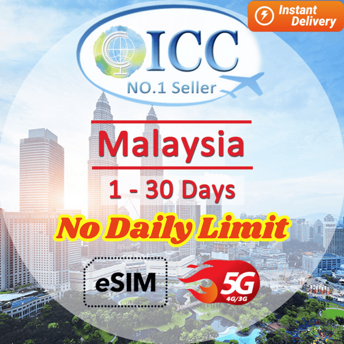 ICC eSIM - Malaysia 1-30 Days Unlimited 5G/4G Data (24/7 auto deliver eSIM ) No Daily limit