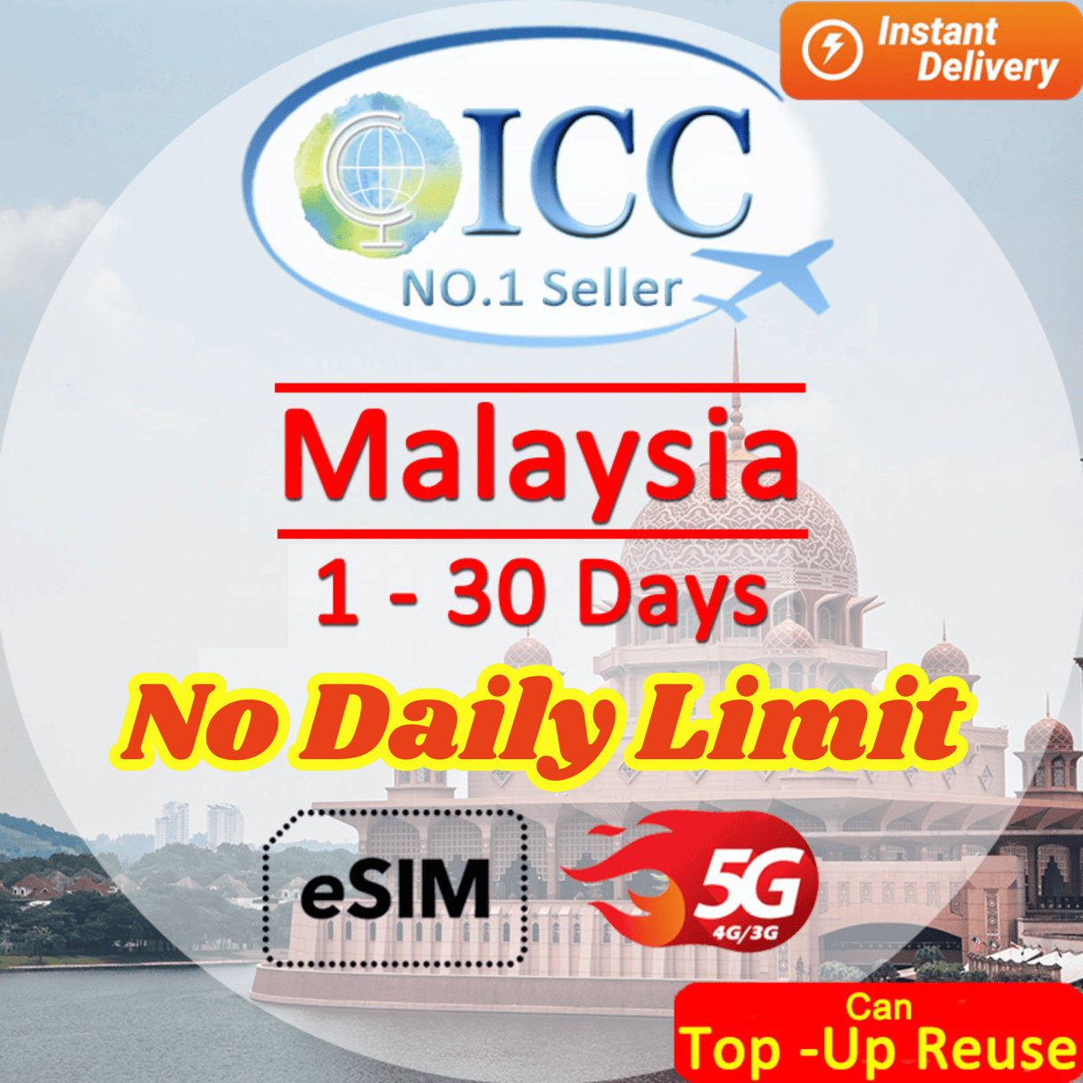 ICC eSIM - Malaysia 1-30 Days No Daily Limit | Unlimited Data| Data+SMS plan can use Tiktok | Calendar Days Package