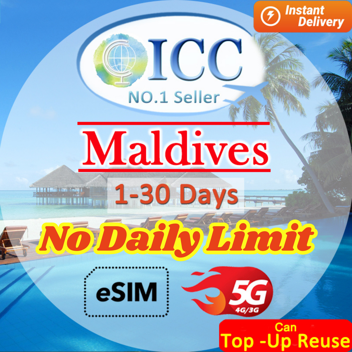 ICC eSIM - Maldives 1-30 Days Data | No Daily Limit | Can top up reuse