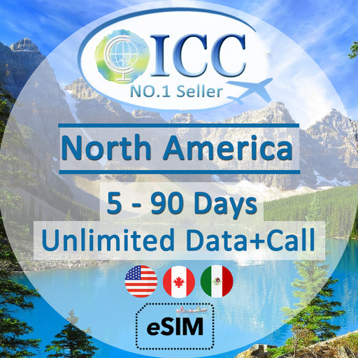 ICC eSIM - North America (USA,Canada,Mexico) 10-90 Days Unlimited* 4G Data + Locall Call/Int'l Call (24/7 auto deliver eSIM) (Copy)