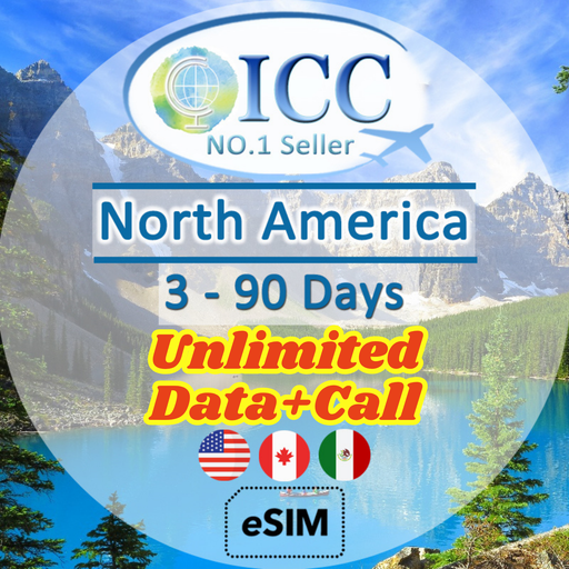 ICC eSIM - North America (USA,Canada,Mexico) 3-90 Days Unlimited* 5G Data + Locall Call/Int'l Call (24/7 auto deliver eSIM)
