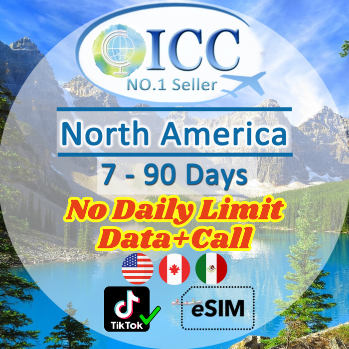 ICC eSIM- North America (USA,Canada,Mexico) 7-90 Days Data│Unlimited* 5G Data + Locall Call/Int'l Call