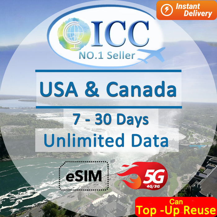 ICC eSIM - USA & Canada 7-30 Days Unlimited Data (24/7 auto deliver eSIM )