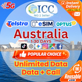 ICC eSIM - Australia 1-30 Days Unlimited Data | Data +Call| Data only plan can top up reuse