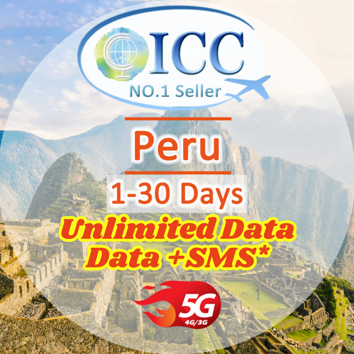 ICC SIM Card - Peru 1-30 Days SIM Card丨Unlimited Data丨Data+SMS*丨Daily Plan can top up reuse