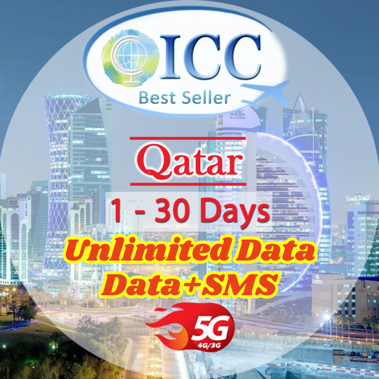 ICC SIM Card - Qatar 1-30 Days Data│Unlimited Data│Data+SMS*